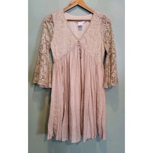 Angel Heart Boutique Champagne Beige Babydoll Bell Sleeve Flowy Fairy Dress Sz M